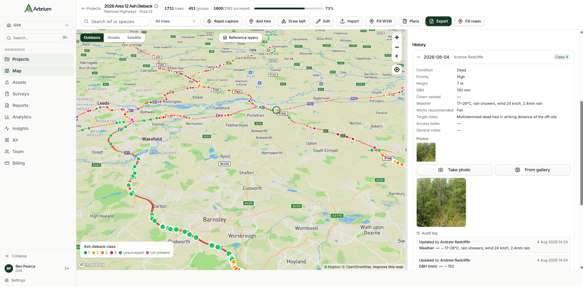 Arbrium workspace showing the survey map