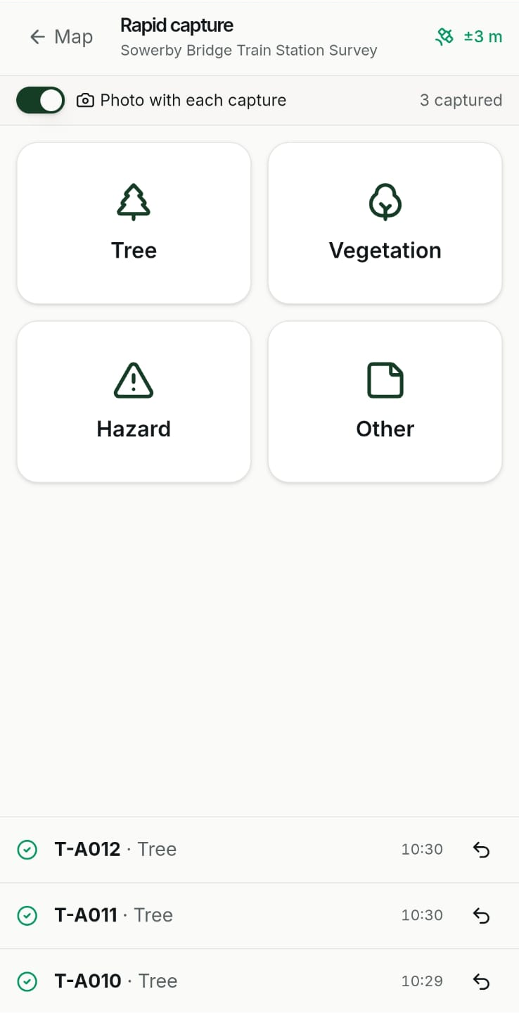 Rapid Capture on a phone: one-tap Tree, Vegetation, Hazard and Other buttons